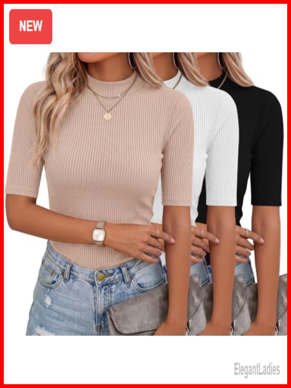 Ribbed Mock Neck T-Shirt 3 Pack Short Sleeve Slim Fit Women's Tops